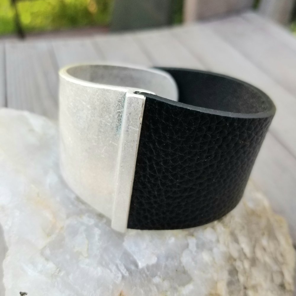 Antique Silver and Black Leather Bracelet